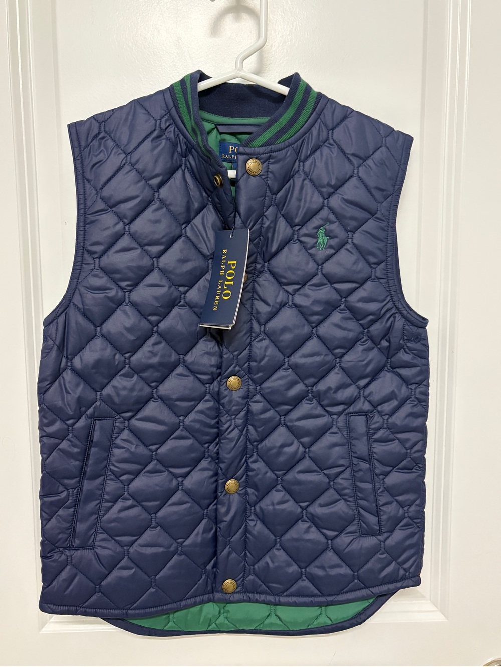 Polo by Ralph Lauren Navy Quilted Kids Vest with Green Trim